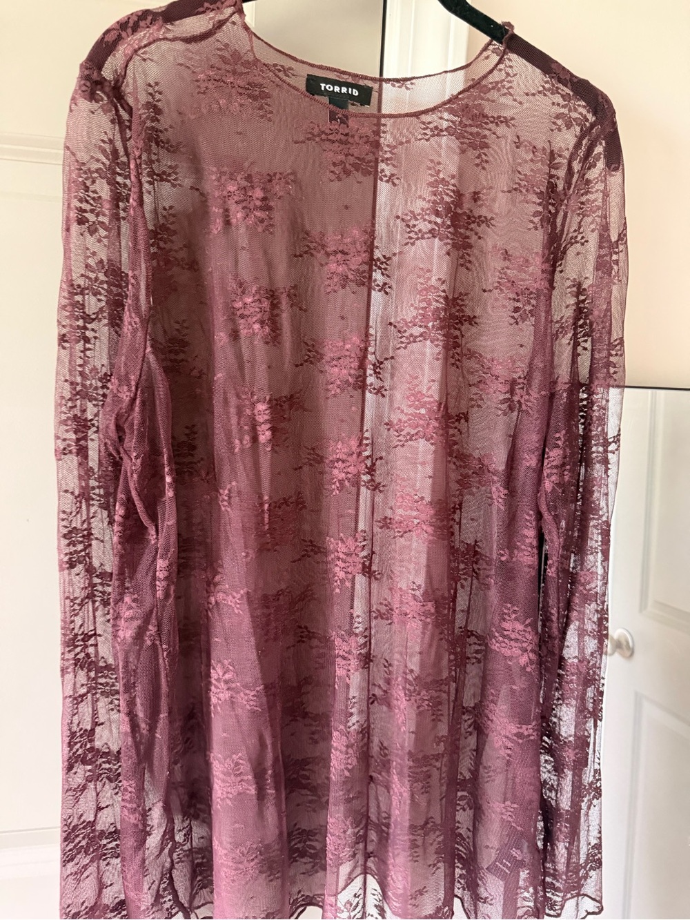 Torrid Sheer Floral Lace Long Sleeve Top - Burgundy
